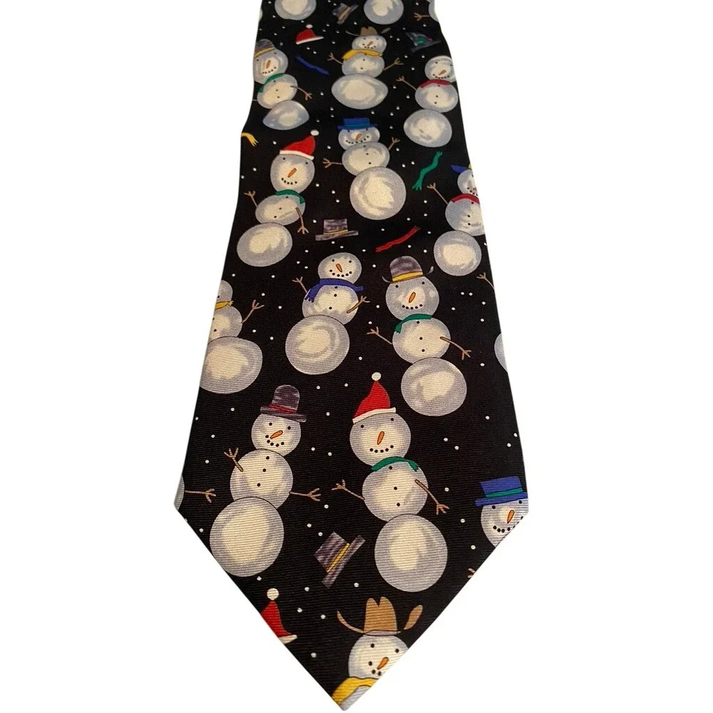 Save the Children Silk Tie Snowman Heaven Christmas Holiday Black Necktie